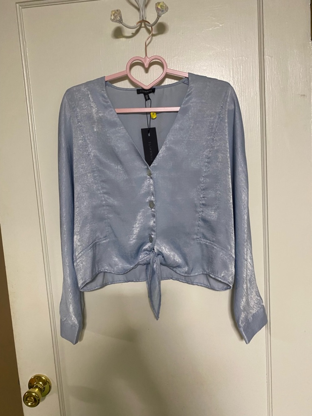 Dynamite Shimmery Pale Blue Tie-Front V-Neck Blouse
